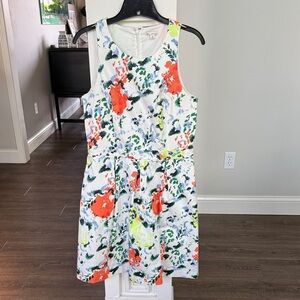 GAP White Floral Sleeveless Fit & Flare Dress with Orange and Green Accents 10